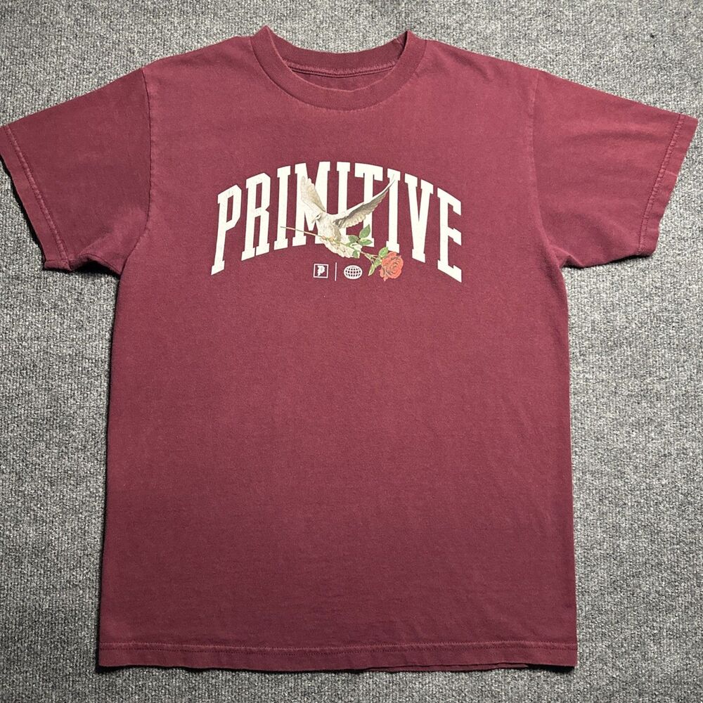 Primitive Men's M Medium Burgundy Cotton Crew Neck Flower Graphic T-Shirt